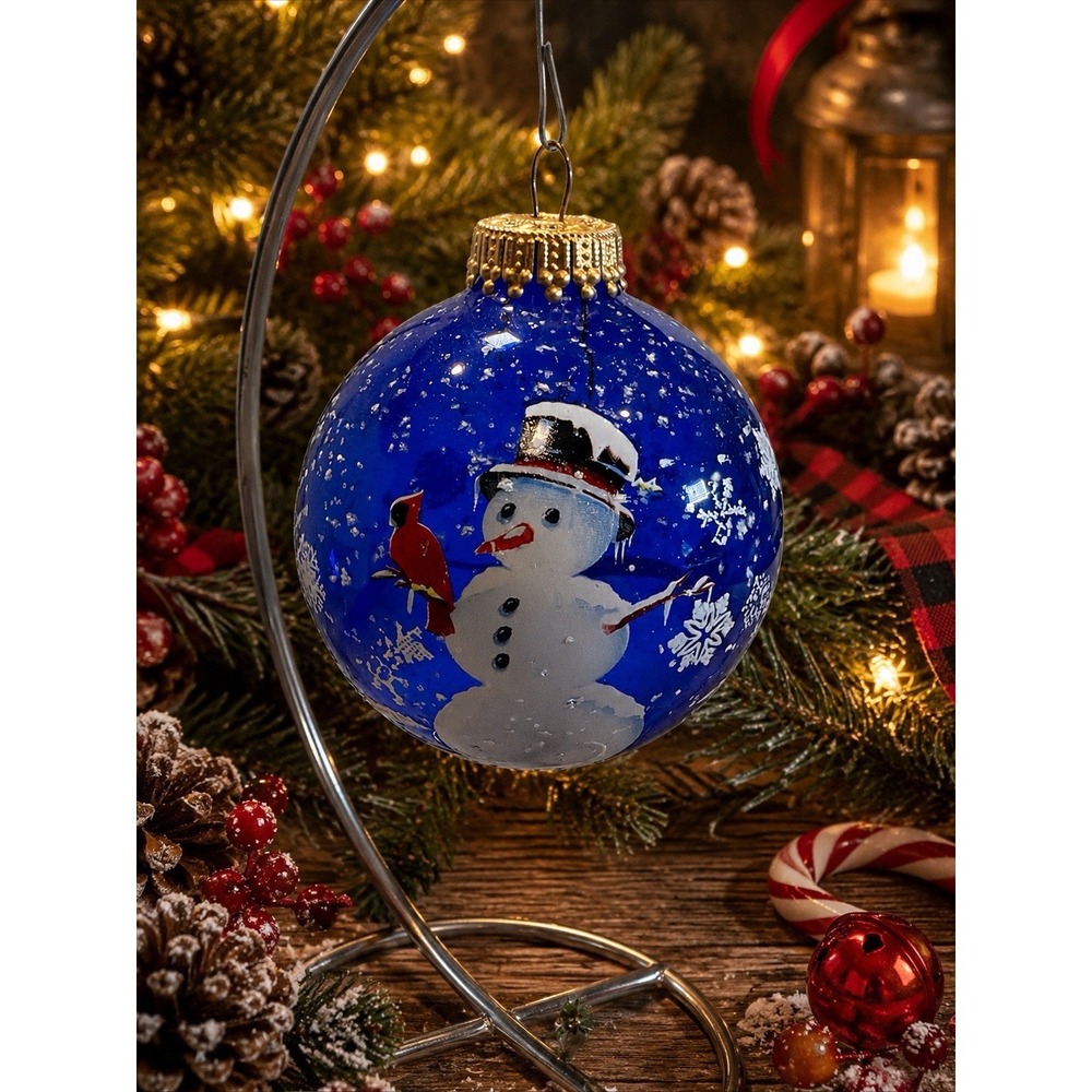 Christmas By Krebs Set of 4 Snowman Glass Ornaments Blue Fancy Crowns Made USA